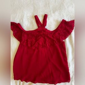 Sweet Pea NY&Co by Stacy Frati, Size M: red cross neck top, cold shoulder, lace